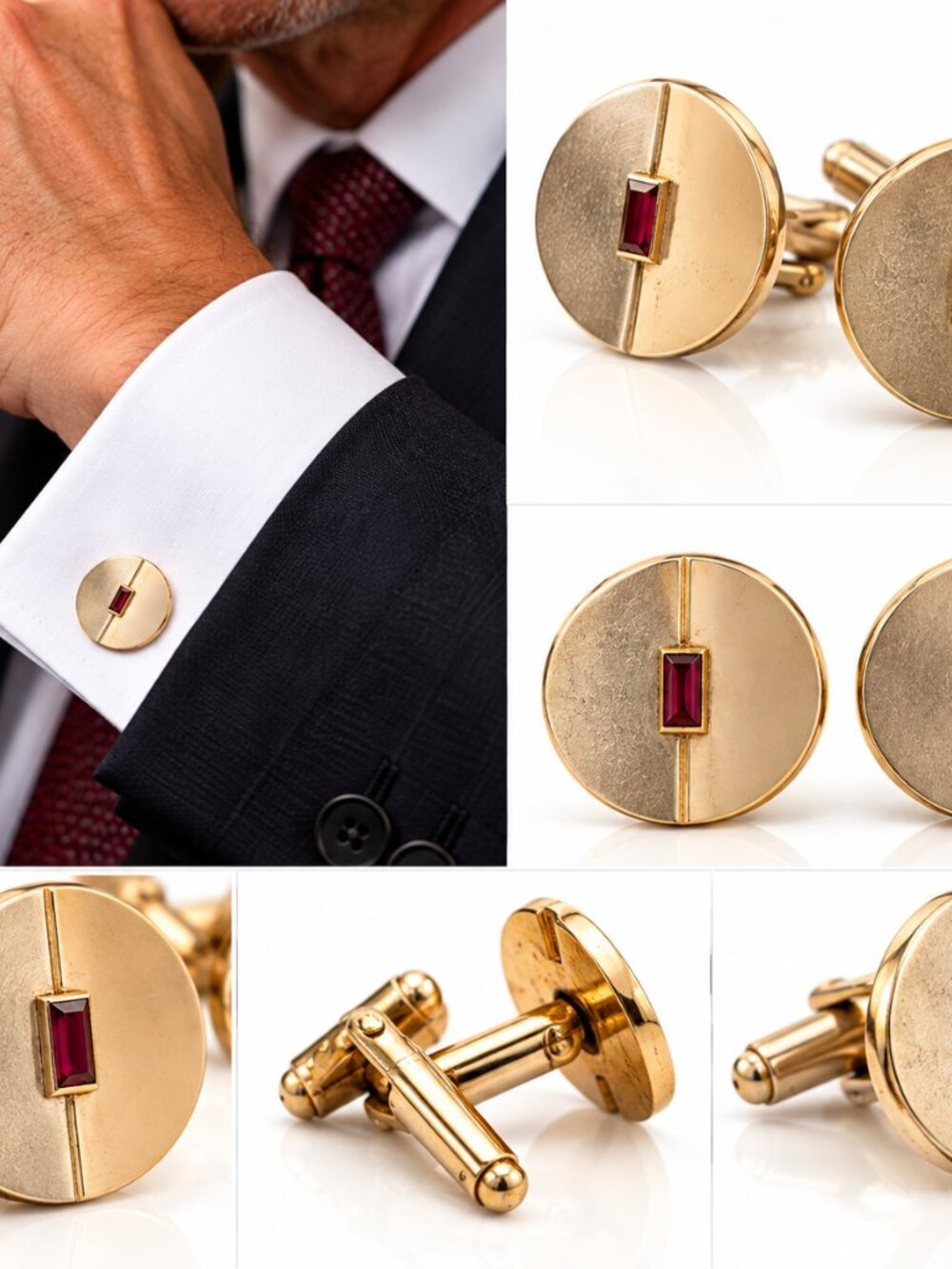 Vintage Gold-Tone Cufflinks with Red Baguette Stones – Mid-Century Men’s Jewelry